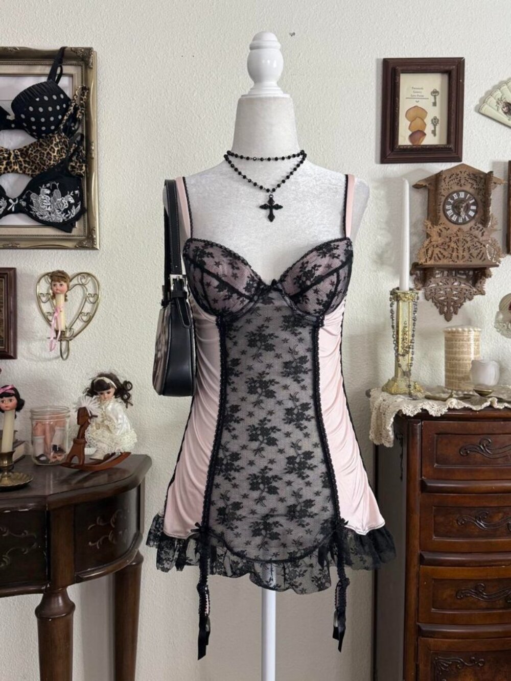 2010s girly goth grunge pink and black femme fatale lace ruffled bustier lingeri